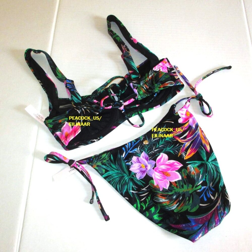34C/S VICTORIA SECRET SWIM Lace-Up Top Bikini Set Side Tie Cheeky Bottom Floral - Picture 10 of 12